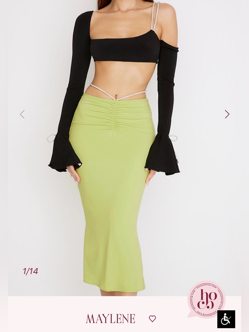 House of CB Maylene Green Rhinestone Tie Maxi Skirt